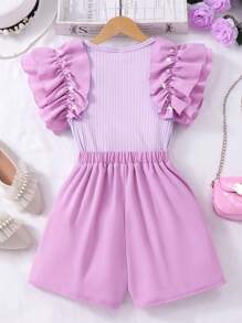 2pcs/Set Tween GirlsRibbed Pearl Trim Sleeveless Top & Solid Bow Skirt Shorts Casual Summer Outfit