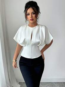 Elenzga 女士优雅缎面领开衩腰褶落肩短袖衬衫，适合工作、休闲、旅行、下午茶和派对