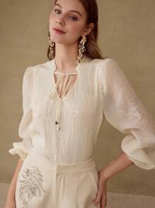 MOTF PREMIUM EMBROIDERY TIE NECK TOP - Apricot - View 1