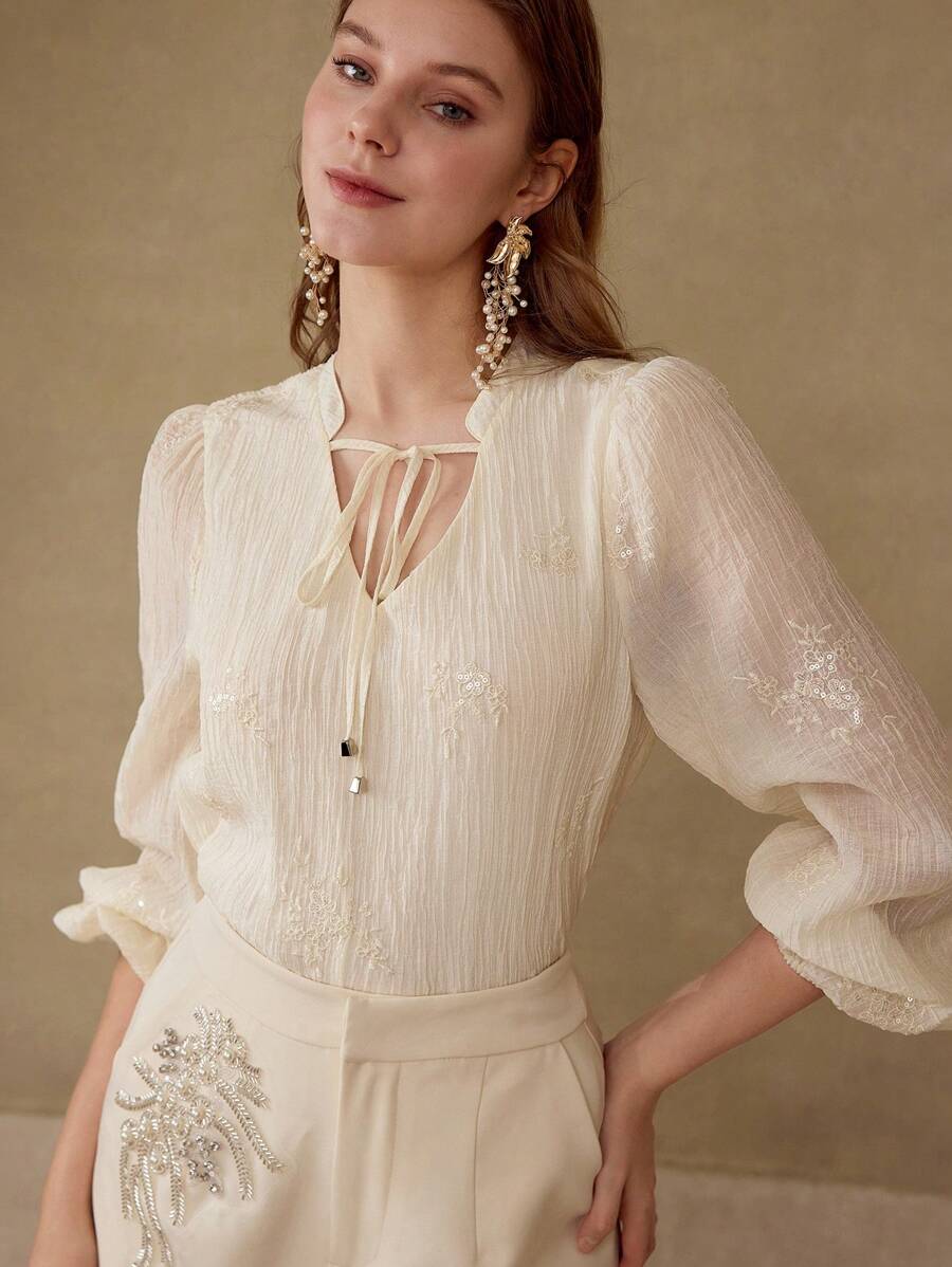 MOTF PREMIUM EMBROIDERY TIE NECK TOP - Apricot - View 1