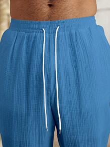 Manfinity RSRT Manfinity Nomadique 棉质男士休闲纯色衬衫和裤子套装，极简主义时尚日常休闲装，男士两件套服装，白色男士套装，男朋友礼物 S 夏季男士两件套休闲两件套男士两件套休闲男士两件套 - 藍色 - 查看 6