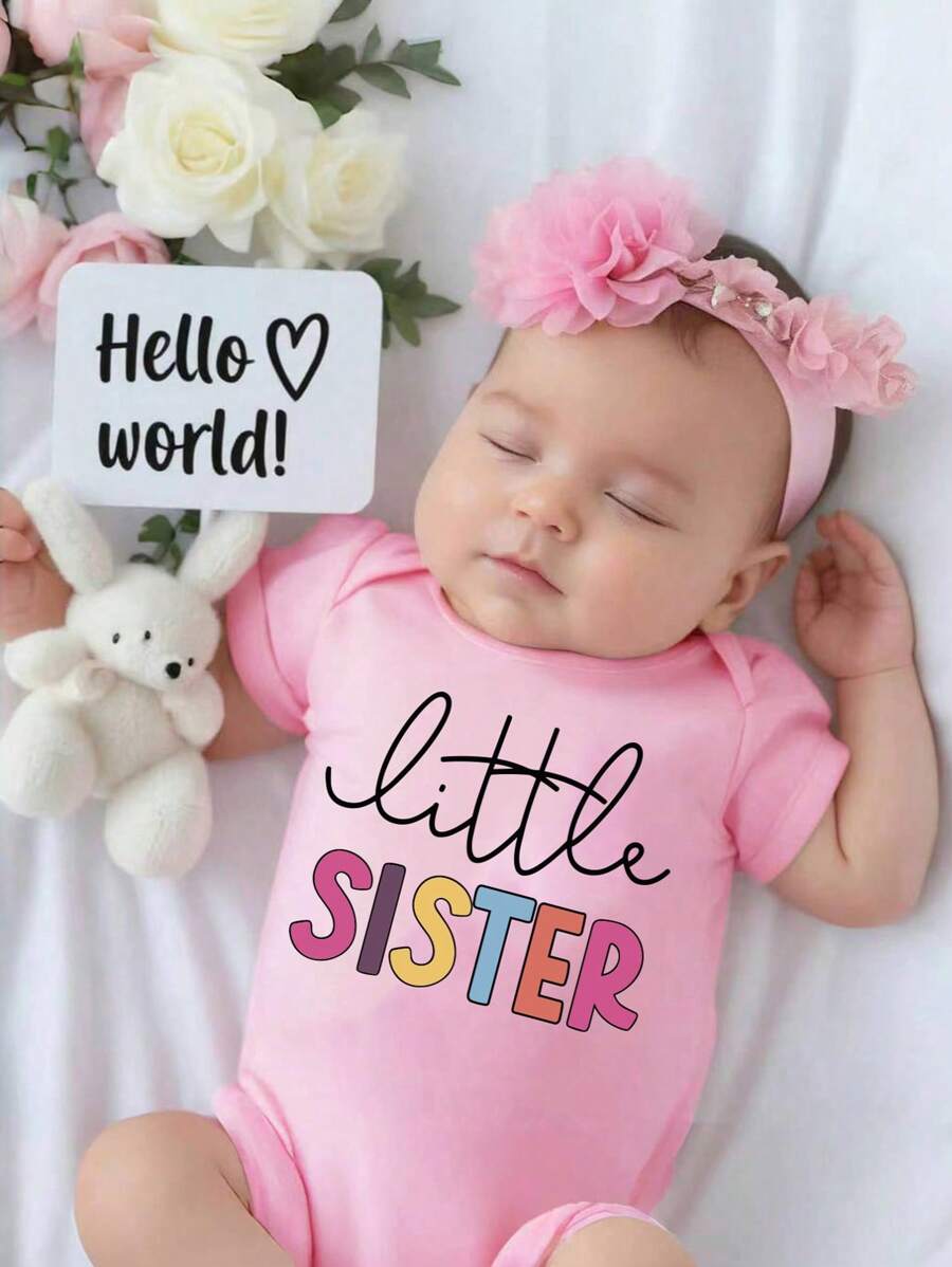 SHEIN Playful Pals 女婴休闲彩色字母标语印花连体衣，简约夏季风格 - 粉色 - 查看 1