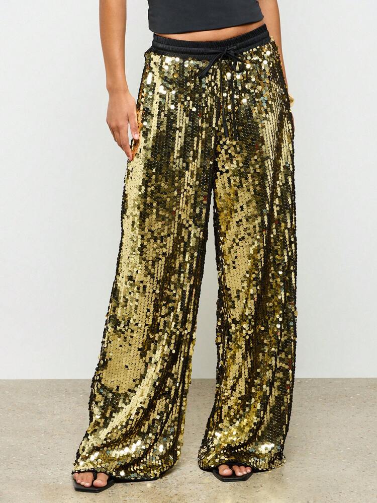 Sequin Pull On Wide Leg Trousers