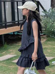 DAZY Vestido de punto sin mangas de estilo escocés para niñas, ropa de verano y vuelta al colegio