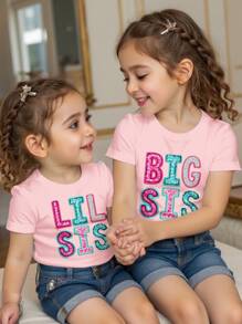 SHEIN Leap Crew Cute Sisters Matching "Big Sister" Casual Simple Round Neck Short Sleeve T-Shirt, Suitable For Summer - Multicolor - View 1