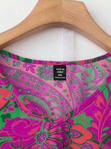 SHEIN LUNE CURVE 大码女式两件套，佩斯利花纹和花卉印花 V 领盖袖上衣和纯色系腰裤 - 彩色 - 查看 5