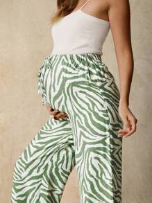 SHEIN Stylish Zebra Print Maternity Pants: Comfortable Woven Fabric, Drawstring Waist, And Long Length For Casual Everyday Wear