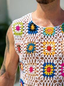 Manfinity Swimmode Men's Bohemian Style Round Neck Sleeveless Knitted Top And Shorts, 2 Pieces Knit Suit Crochet