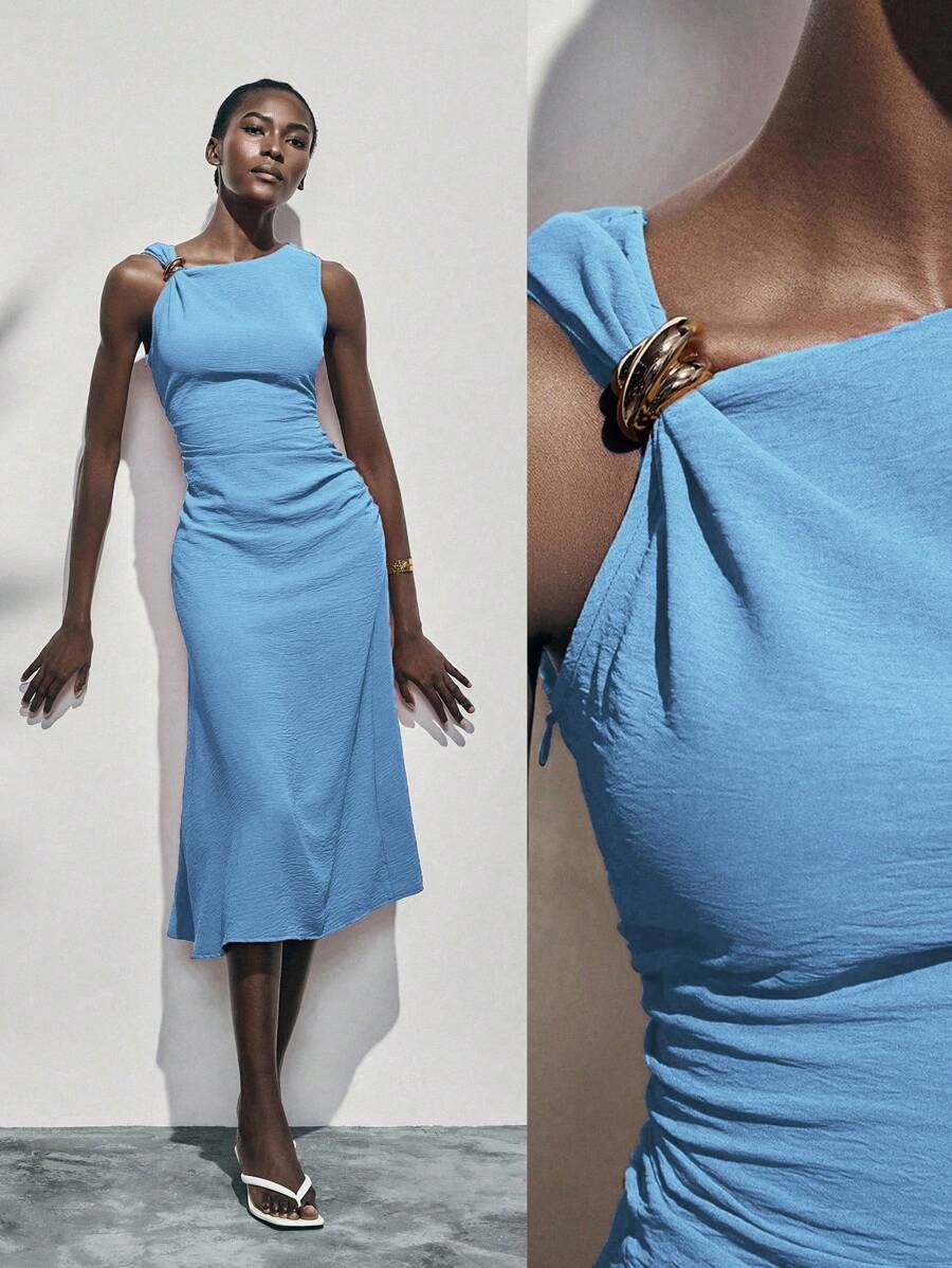 Lumivelle Summer Metal Circle Decor Waist Ruched Sleeveless Dress - Dusty Blue - View 1