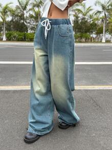 SHEIN EZwear Women's Drawstring Waist Pockets Wide Leg Loose Casual Versatile Jeans