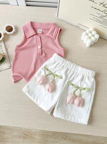 SHEIN 2pcs/Set Girls Fashionable Polo Collar Rib Knit Tank Top + White Shorts With 3D Flower, Cute Pink, Suitable For Outdoor - Pink - View 9