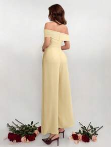 Aloruh Women's Elegant 3D Floral Decor Off Shoulder Wide Leg Jumpsuit - Apricot - View 2