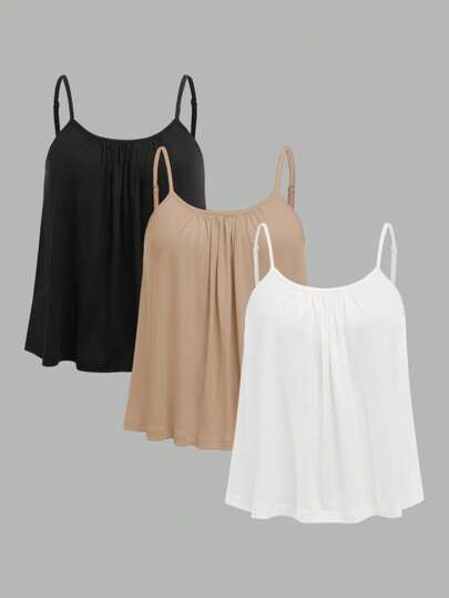 SHEIN EZwear 3pcs/Set Plus Size Women's Solid Color Black, Khaki, White Pleated Loose Camisole With Adjustable Straps, Suitable For Spring/Summer Vacation