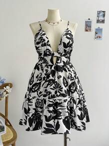 Soleia 大码女式浪漫黑色花卉吊带深 V 露背迷你连衣裙，适合度假、春季