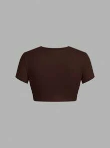 SHEIN EZwear 4pcs/Set Simple Solid Color Crew Neck Short Sleeve Cropped Fitted Women T-Shirts, Suitable For Summer - Multicolor - View 5