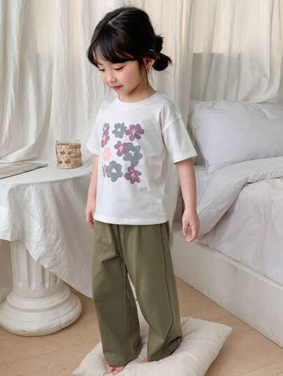 DAZY Girls Flower Print Short Sleeve Top & Long Pants Pajamas Set,Girls Summer Outfits