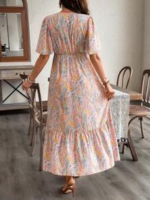 SHEIN Bohemian Style Colorful Paisley Floral Print V-Neck Ruffle Sleeve Maternity Dress - Multicolor - View 2
