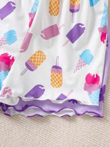 SHEIN 4 件套少女卡通冰淇淋花朵图案宽松吊带短裤睡衣套装，休闲夏季 - 紫色 - 查看 5