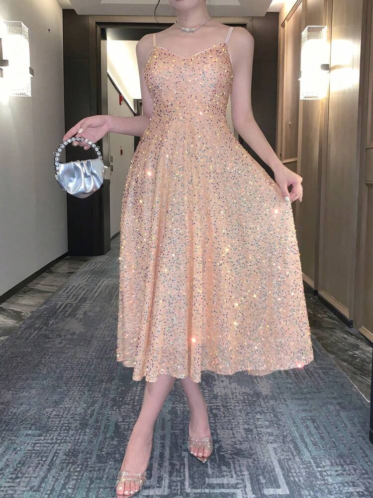 Elegant V-Neck Spaghetti Strap Sequin Decorated Long Dress For Women, Summer Homecoming Dresses Prom Dress New Year Eve Dress Carnival Sparkly Dress
