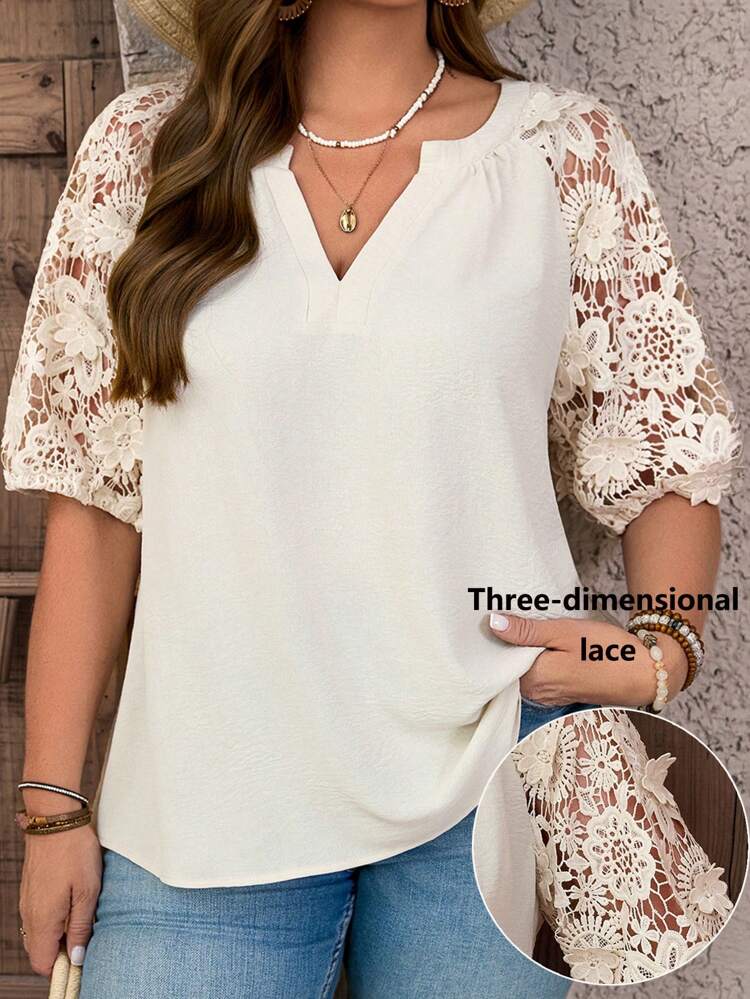Plus Size Puff Sleeves V-Neck Lace Cuffed Blouse, Apricot Bohemian Style, Suitable For Spring And Summer Gifts For Mother Vacay Vibes Springbreak Casual Wear Bohemia Loose Fit Country Concert Blouse