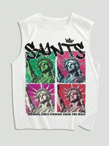 ROMWE MEN Street Life Men's Vintage Casual Statue Of Liberty Graphic Vest, Summer