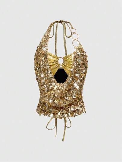 ROMWE Avant Music Festival Urban Stylish Sequin Halter Sexy Backless Camisole For Women