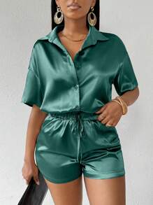 Breezaya Ladies' Solid Color Front Button Short Sleeve Top And Pocketed Shorts Set, Perfect For Festivals, Beach Vacations, Summer