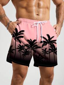 Manfinity Swimmode Men's Palm Tree Print Drawstring Waist Pockets Casual Beach Shorts Men Swim Trunks Cute Style Casual Outdoor Beach Shorts, Hawaiian BeachModeOn - Pink - View 4