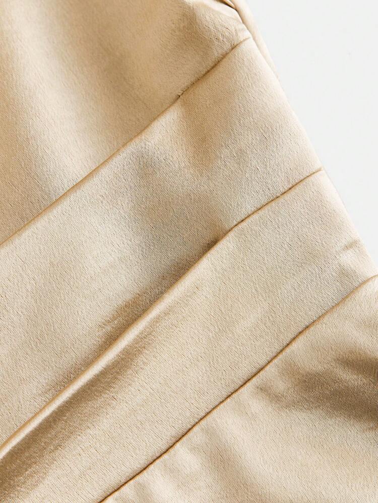 SHEIN Maija Nuevo vestido midi con escote cuadrado, espalda descubierta y lazo, línea A, de tela de satén con brillo, en color dorado chapado en acetato. Adecuado para vacaciones, tiempo libre, uso diario, romántico, fiestas y bodas. Colección Primavera/Verano 2025