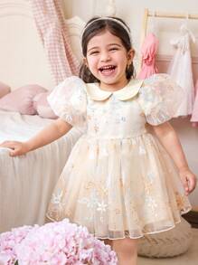 Baby Girl Elegant Cute Apricot Mesh Embroidered Peter Pan Collar Summer Dress Outfit