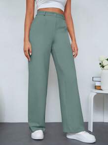 RueChic Women's Solid Color Casual Pockets Straight-Leg Suit Pants, Versatile - Mint Green - View 3