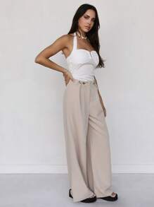 Roylia Women's Casual Solid Color Folding Pleated Spring/Summer Long Pants - Apricot - View 5