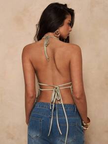 SHEIN BAE Áo hở lưng sequin gợi cảm cho nữ mùa hè - màu xanh lá - Xem 2