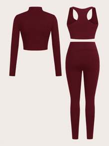 SHEIN Essnce 大码女式休闲夏季服装，女士健身休闲套装，女士慢跑裤，女士街头服饰，拉链高领长袖上衣、吊带背心和紧身裤套装，女士健身套装 3 件套，2 件套夏季服装 - 酒紅色 - 查看 2