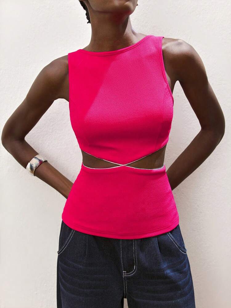 SHEIN Maija Women's Hot Pink Summer Sleeveless Top,Round Neck Cutout Waist Silver Decor,Seksi Chic Party Night Elegant Casual Urban Music Festival Outfits