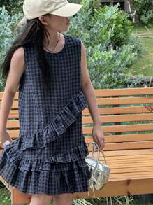 DAZY Vestido de punto sin mangas de estilo escocés para niñas, ropa de verano y vuelta al colegio