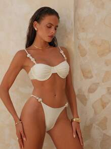 Swim Chiccia 简约光泽面料钢圈聚拢可调节肩带系带露背上衣和丁字裤比基尼套装，海滩度假泳衣 - 彩色 - 查看 4