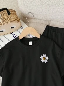 SHEIN Tween Girls Casual Knit Crew Neck Short Sleeve Top And Straight Leg Pants 2-Piece Set