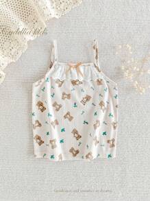 Young Girl' Minimalist Fresh Apricot Ditsy Floral & Bear Pattern Collar Contrast Lace Ruffle Bow Decor Camisole Casual Undershirt Young Girl Summer Outfits Young Girls Clothing Summer Tops Little Girl Summer Tops Toddler Summer Girl Clothes