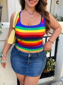 SHEIN EZwear 大码女式骄傲月 LGBT 彩虹条纹休闲修身背心 - 彩色 - 查看 4