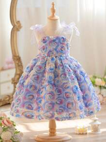 SHEIN 年轻女孩 3D 玫瑰花蝴蝶结装饰无袖吊带 A 字连衣裙，适合派对、节日和生日穿着 - 淡紫色 - 查看 9