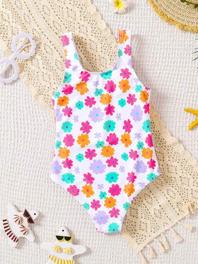 SHEIN Young Girl Floral Print Halter Neck Swimsuit, Sweet & Casual For Spring/Summer