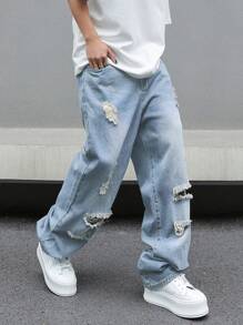 Manfinity EMRG 男士鬆身寬腳休閒牛仔褲，有撕裂口袋設計 - 淺色水洗藍 - 查看 4