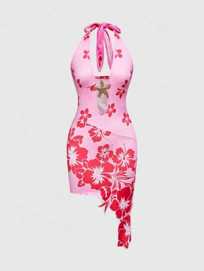 J-Fashion Women's Summer Floral Print Plunging V-Neck Asymmetric Hem Dress