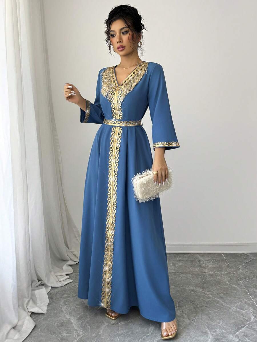 Elenzga Women's Elegant Fringe & Sequin Patchwork Dress