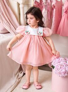 Vestido corto de manga corta para niña bebé, de estilo elegante y lindo, con estampado floral de organza y patchwork, para verano - Rosa - Ver 3
