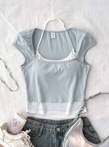 SHEIN Leap Crew Teen Girls' Cute Shoulder Bowknot Blue And White 2 In 1 T-Shirt Top, Summwe Sweet Style Suitable For Dates, School, Daily Wear, Casual Outings - Blue and White - View 8