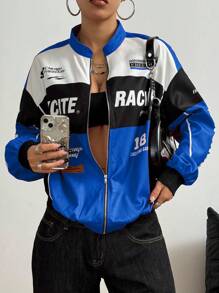 SHEIN Unity 字母图案撞色落肩飞行员夹克新年衣服 - 彩色 - 查看 3