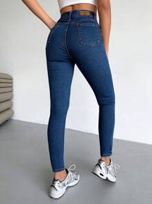 SHEIN PETITE Petite High Waist Dark Wash Skinny Jean - Dark Wash - View 2