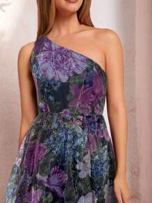 Amorya 女式花卉印花无袖斜肩欧根纱腰喇叭中长连衣裙，优雅适合春夏休闲户外穿着 - 中紫紅色 - 查看 3